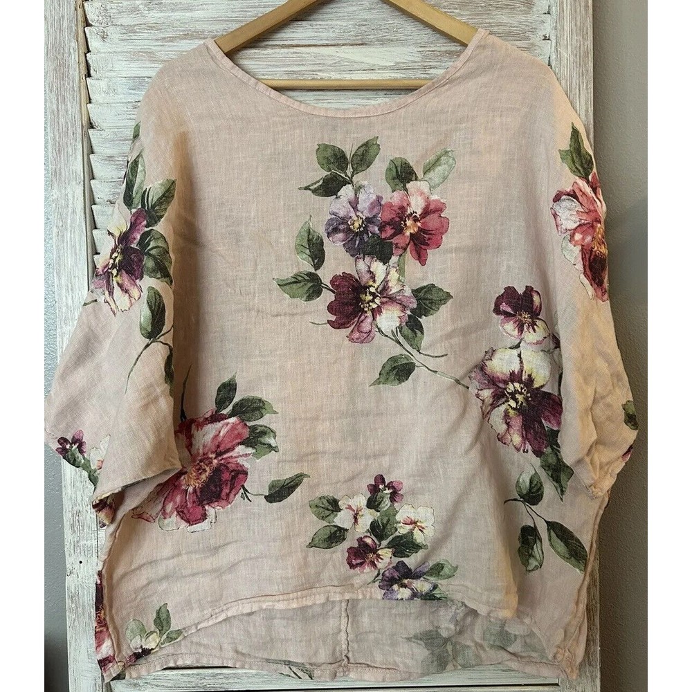 100% Lin Blanc Gray Linen Floral Print Top sz 48